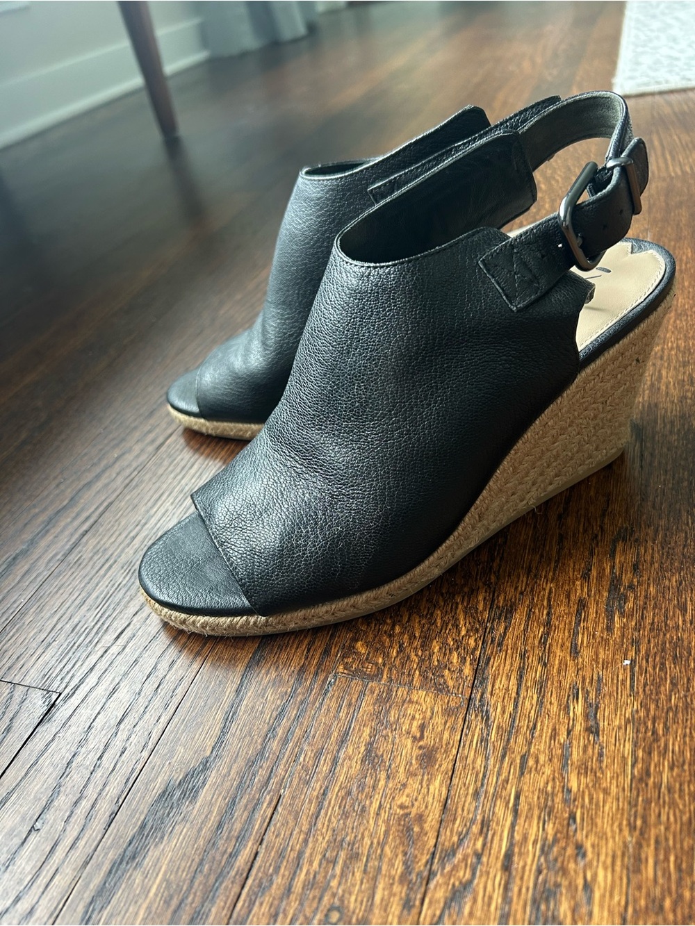 Via Spiga Black Leather Open-Toe Espadrille Wedges